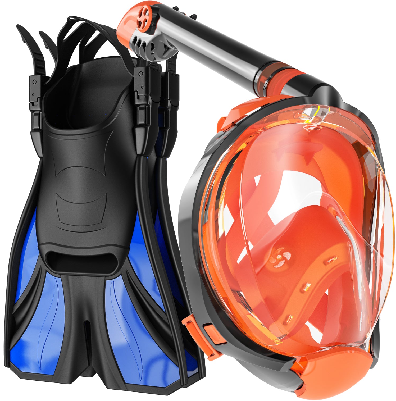 Snorkel Set Adult (Orange) - Full Face Mask and Adjustable Swim Fins, 180° Panoramic View, Anti Fog and Anti Leak