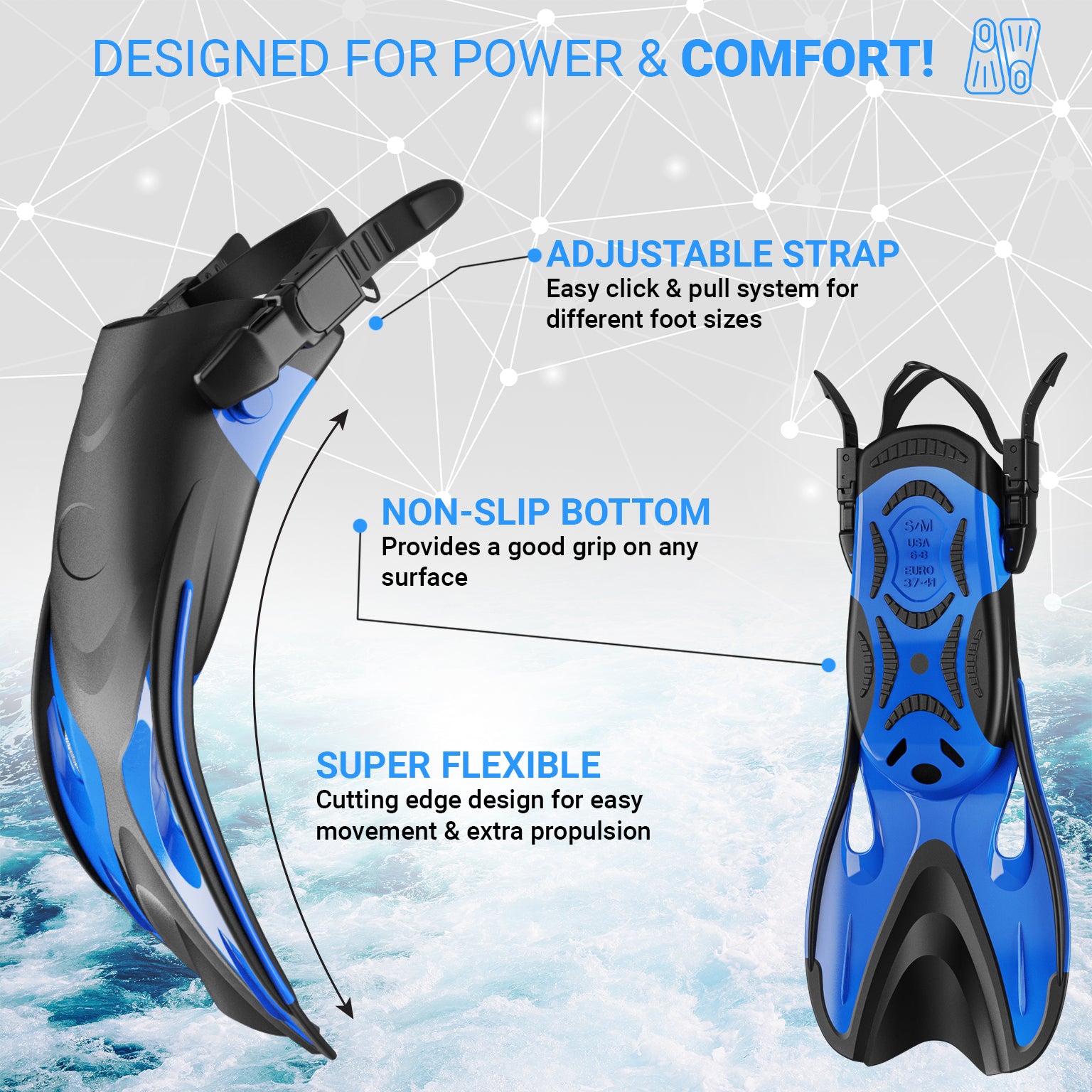Adjustable Swim Fins - Snorkel Fins for Lap Swimming, Travel Size Scuba Diving Flippers, Neoprene Water Socks Included