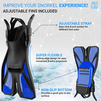 Snorkel Set Adult (Deep Black) - Full Face Mask and Adjustable Swim Fins, 180° Panoramic View, Anti Fog and Anti Leak