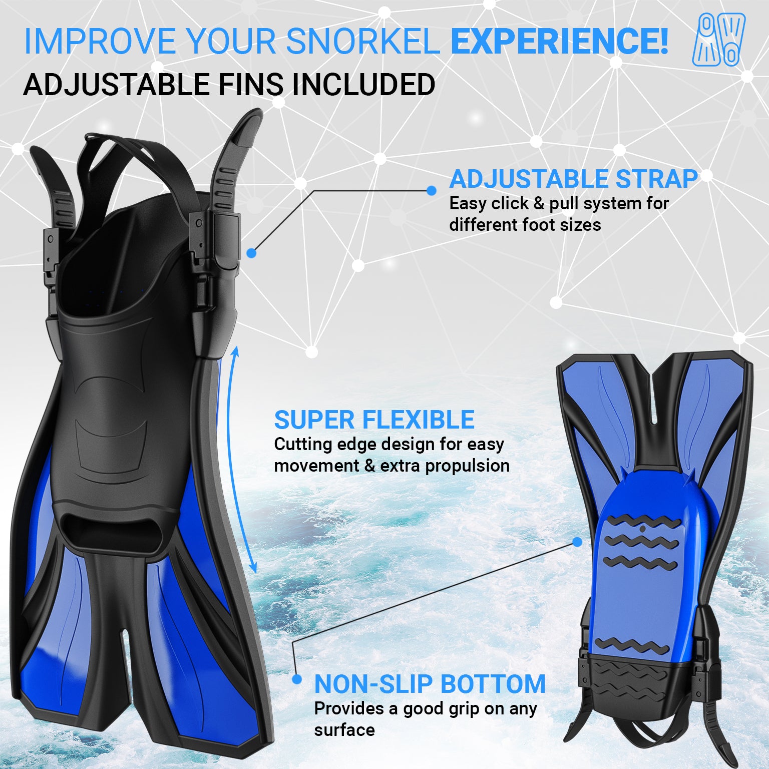 Snorkel Set Adult (Transp Blue) - Full Face Mask and Adjustable Swim Fins, 180° Panoramic View, Anti fog & Anti leak