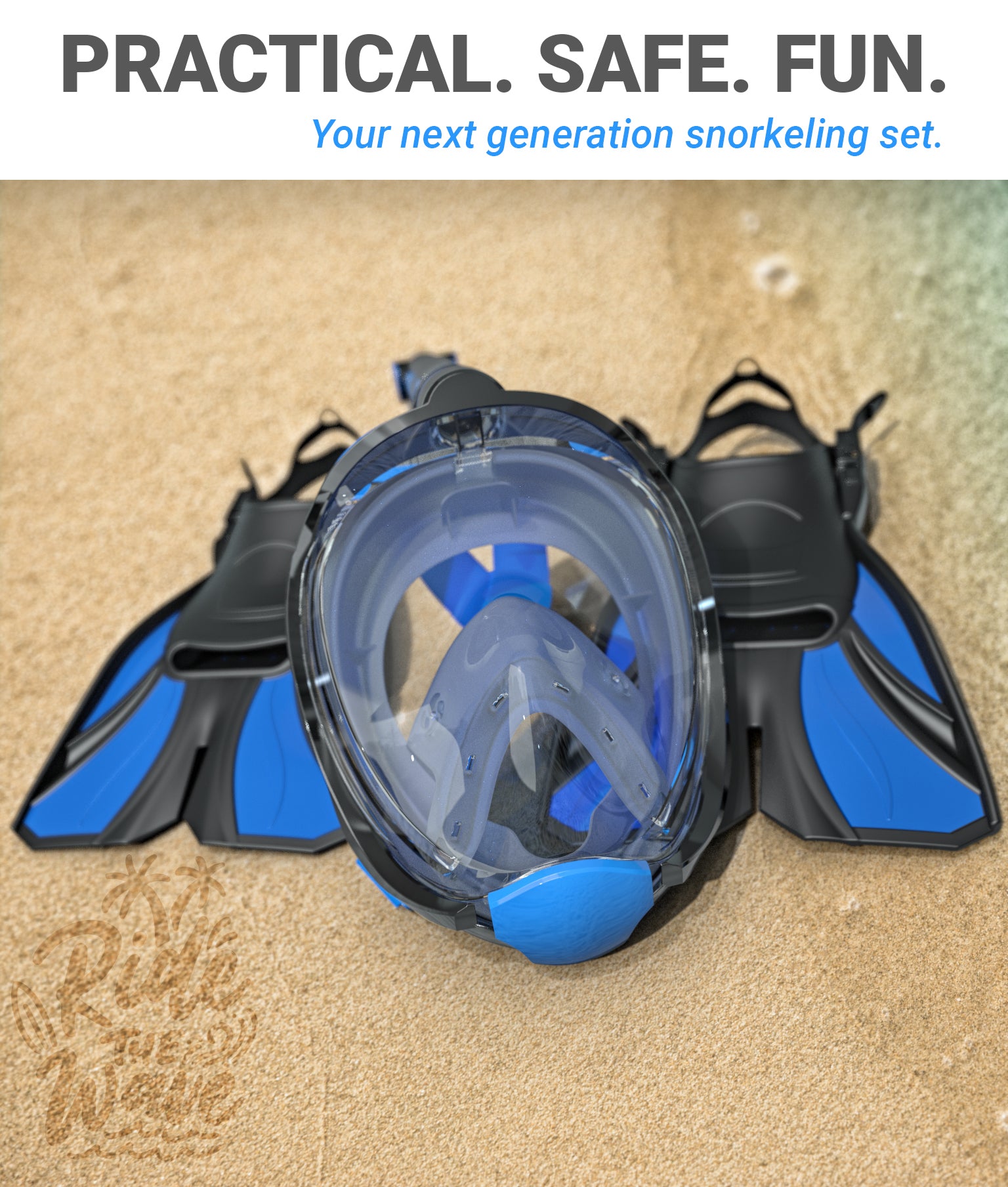 Snorkel Set Adult (Blue)- Full Face Mask and Adjustable Swim Fins, 180° Panoramic View, Anti Fog and Anti Leak