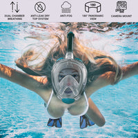 Snorkel Set Adult (Transp Turqoise) - Full Face Mask and Adjustable Swim Fins, 180° Panoramic View, Anti fog & Anti leak