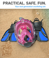 Snorkel Set Adult (Pink) - Full Face Mask and Adjustable Swim Fins, 180° Panoramic View, Anti Fog and Anti Leak