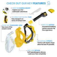 Snorkel Set Adult (Yellow) - Full Face Mask and Adjustable Swim Fins, 180° Panoramic View, Anti Fog and Anti Leak
